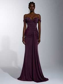Elitara Elegantes luxuriöses glänzendes feines Glitzer-Mesh-Abendkleid mit Herz-Ausschnitt, Spaghettiträgern, Metallverzierung, Taillen-Twist, seitlich drapiertem Volant, stark verziert, geeignet für Date, Urlaub, Junggesellinnenabschied, Hochzeit und Event - Dunkelviolett - Übersicht 4