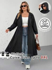 SHEIN CURVE+ Zipper Hooded Cinched Waist Plus Size Long Sleeve Jacket, Autumn Winter Outerwear, 2026 22W Hiking Rodeo Normal - Black - View 8