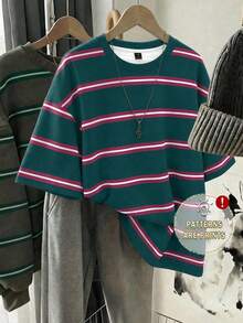 SHEIN EZwear 韓式粉色與白色條紋圖案圓領T恤，日常秋冬返校女款標準版夏季上衣，休閒街頭風 - 彩色 - 查看 1