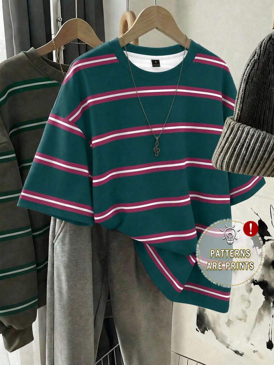 SHEIN EZwear 韓式粉色與白色條紋圖案圓領T恤,日常秋冬返校女款標準版夏季上衣,休閒街頭風 - 彩色 - 查看 1