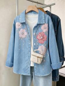 SHEIN 1件青少年女孩復古花卉牛仔印花翻領長袖鈕扣襯衫，寬鬆薄款輕量休閒上衣，百搭層搭上衣 - 藍色 - 查看 4