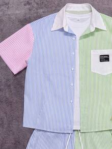 Manfinity Roghcode Men's Letter Print Striped Short Sleeve Shirt And Drawstring Waist Shorts Casual Set - Multicolor - View 3