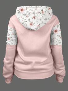 SHEIN Plus Size Women's Floral Print Long Sleeve Zip-Up Sweatshirt With Drawstring - Multicolor - View 2