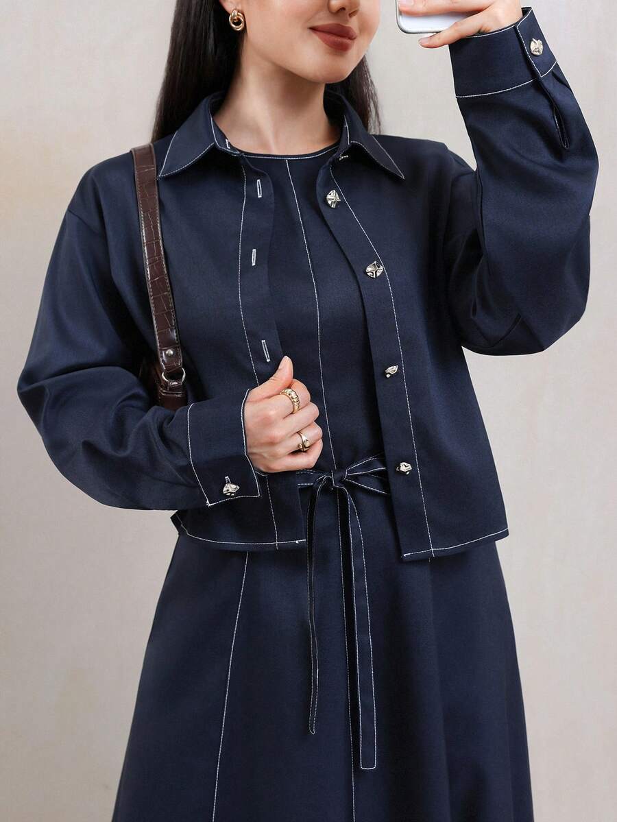 Veilorie Women's Shirt Dress Arabic Costume Set - Dark Wash - View 1