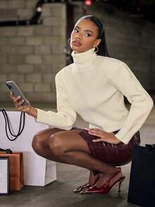 Hauture Women's Solid Color Casual High Neck Cashmere Long Sleeve Sweater - White - View 1