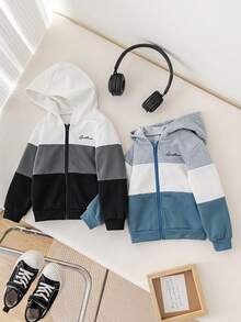 SHEIN 青少年男孩秋冬休閒拼色拼接衛衣，柔軟舒適，適合度假、婚禮、生日派對、學校節慶 - 霧霾藍 - 查看 8