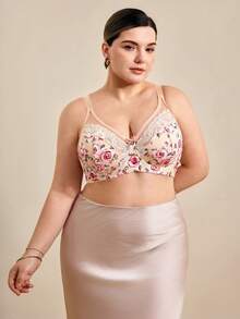 Hourtrue 1pc Plus Size Women Lace Patchwork Wireless Bra, Comfortable & Minimalist Design, Knitted Fabric - Apricot - View 1