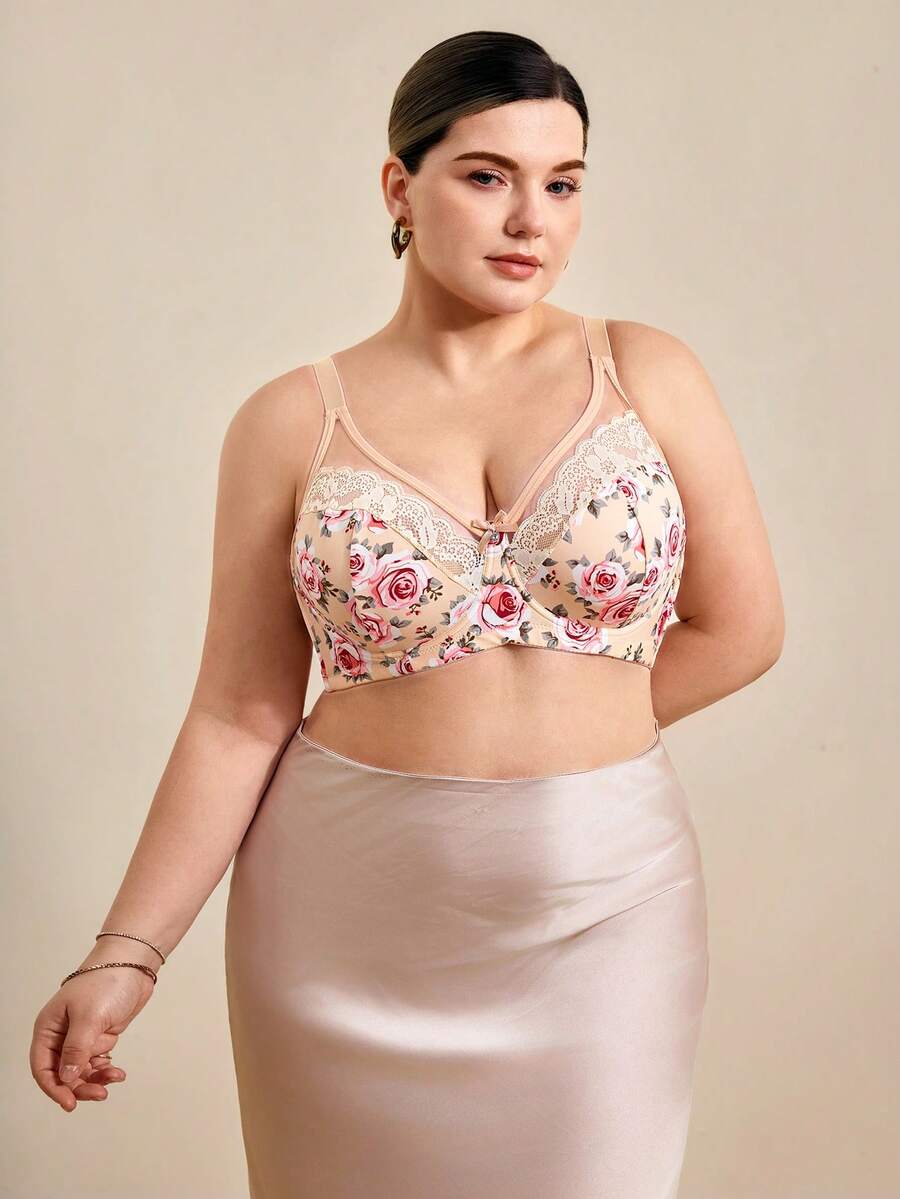 Hourtrue 1pc Plus Size Women Lace Patchwork Wireless Bra, Comfortable & Minimalist Design, Knitted Fabric - Apricot - View 1