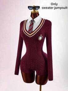Amplova Women's Preppy V-Neck Cinched Waist Ultra Short Mini Romper - Burgundy - View 5