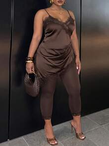 Slaydiva Early Autumn, Summer New Style Solid Brown Spaghetti Strap Low Neckline Lace Patchwork Asymmetrical Hem Long Camisole Top And Slim Fit Cropped Leggings, Sexy Elegant, Sexy Party, Wedding Season, Graduation Season, Best Friend Outing, Music Festival, Elegant Gathering, Date, Cocktail Party, Birthday Party, Bar And Other Occasions-A - Brown - View 8