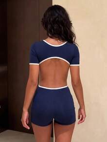 Sirith 1pc Spring/Summer New Solid Color Contrast Short Sleeve Cutout Backless Sexy Slim Fit Fitness Casual Women's Sports Bodysuit - Multicolor - View 4