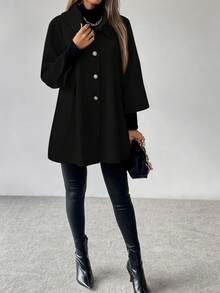 Struktiv 女士纯色插肩袖长袖单排扣宽松优雅大衣，秋冬 - 黑色 - 查看 7