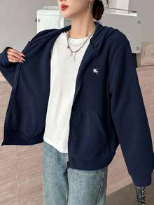 SHEIN 青少年女孩藍色可翻面抓絨刺繡馬匹休閒寬鬆冬季夾克，簡約學院風休閒夾克 - 藏蓝色 - 查看 5