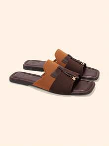 CUCCOO BASICS Square Toe Flat Bottom Brown Building Color Knitted Simple Comfortable Breathable Women's Fashion Flat Bottom Sandals Slippers Daily Versatile Commute - Brown coffee - View 5