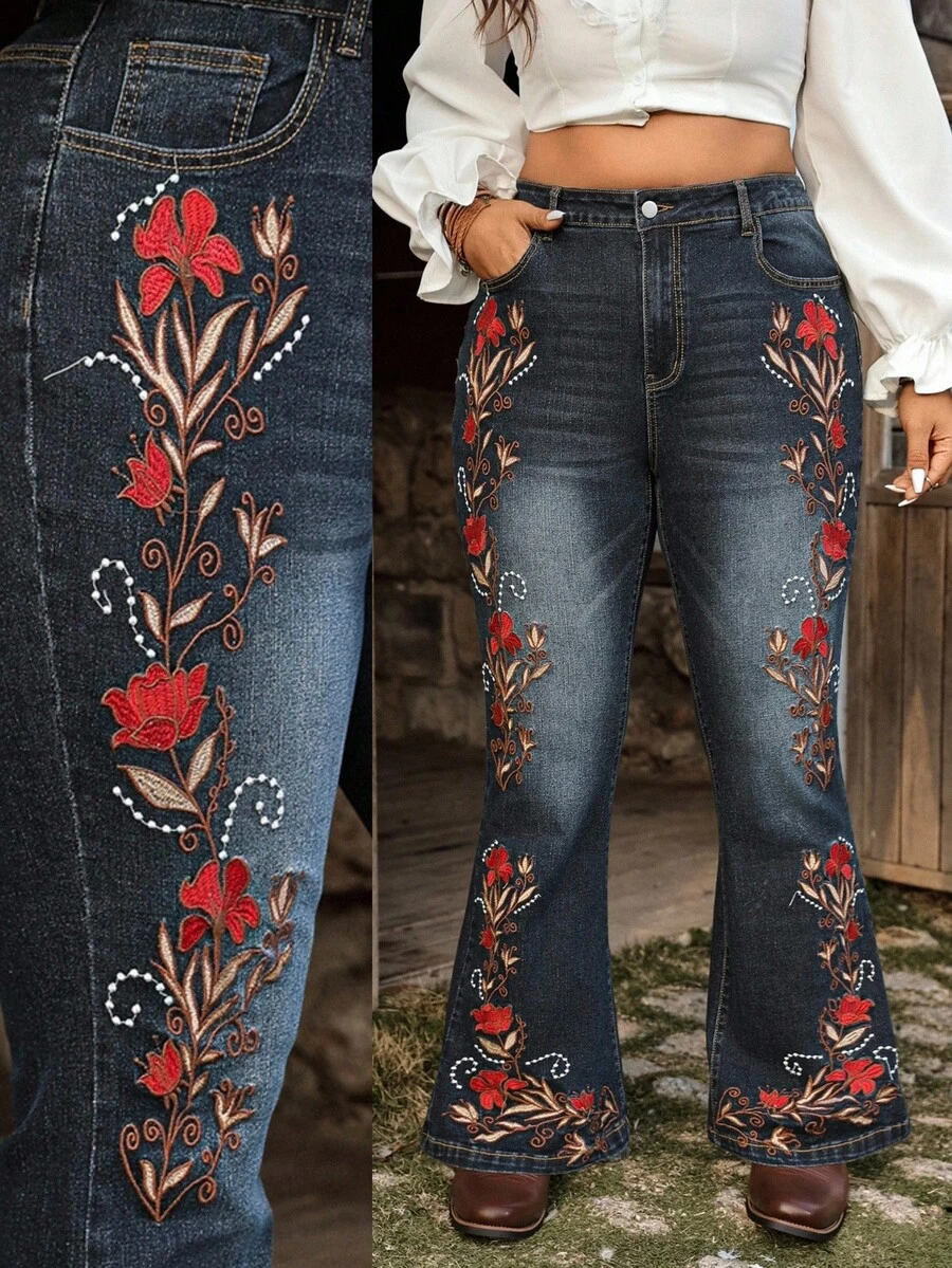 Breezaya Plus Size Women Pockets Casual Flare Embroidered Jeans - Dark Wash - View 1