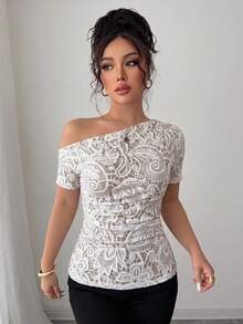 Selianne Summer Elegant Faux Lace Print Asymmetric Collar T-Shirt - Apricot - View 5