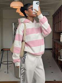 Muchica 休閒極簡風粉色與灰色條紋滿版印花女款輕量運動衫，適合初秋穿著 - 彩色 - 查看 5