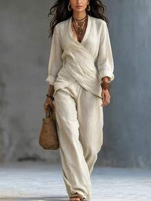 SHEIN Holidaya 女款秋季亞麻紋理兩件套休閒套裝，長袖交叉領上衣搭配高腰寬鬆寬腿長褲 - 杏色 - 查看 1