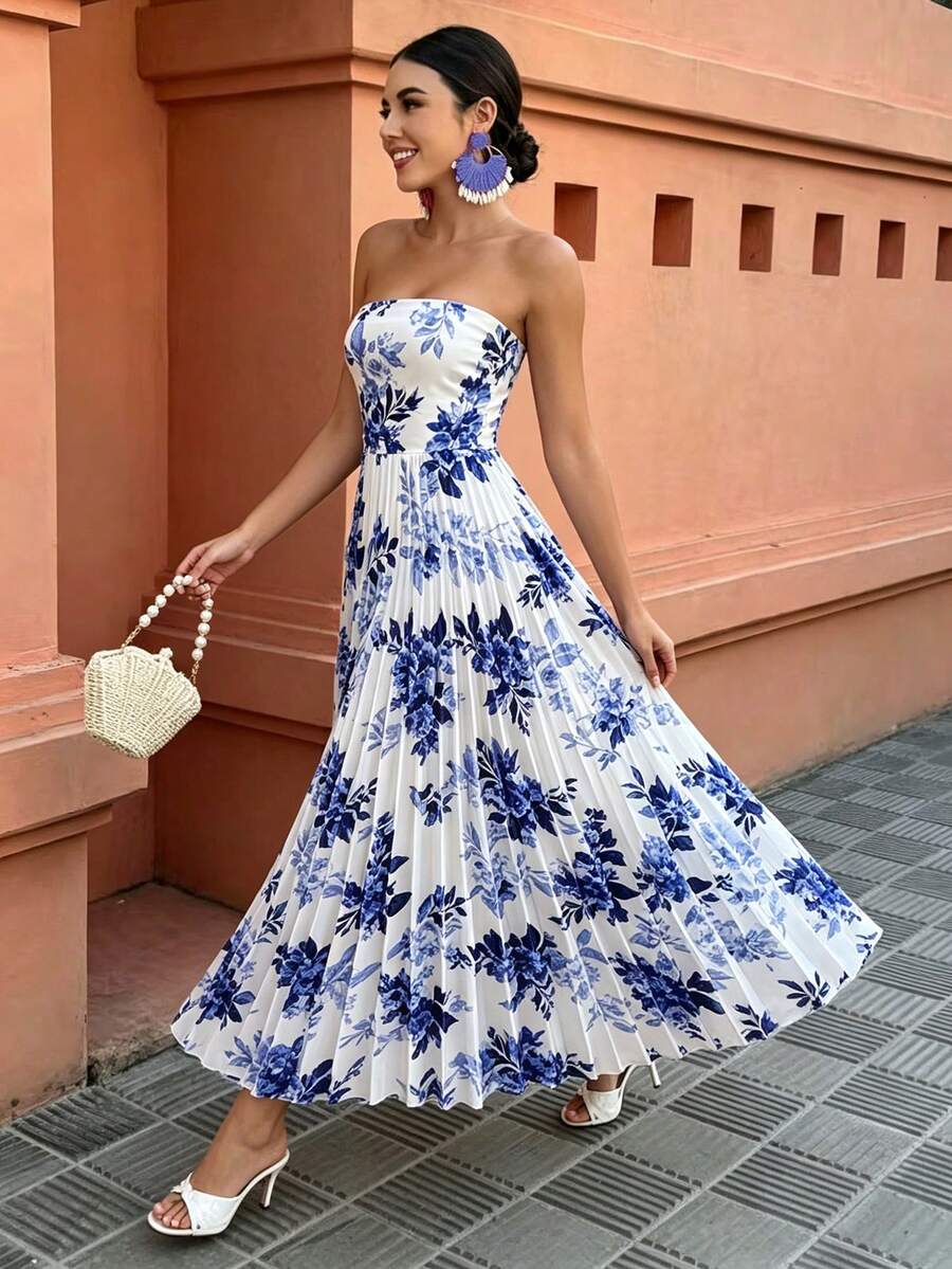 Flora Isola Flora Isola 優雅無肩帶花卉印花性感收腰百褶設計女款洋裝 - 藍色 - 查看 1
