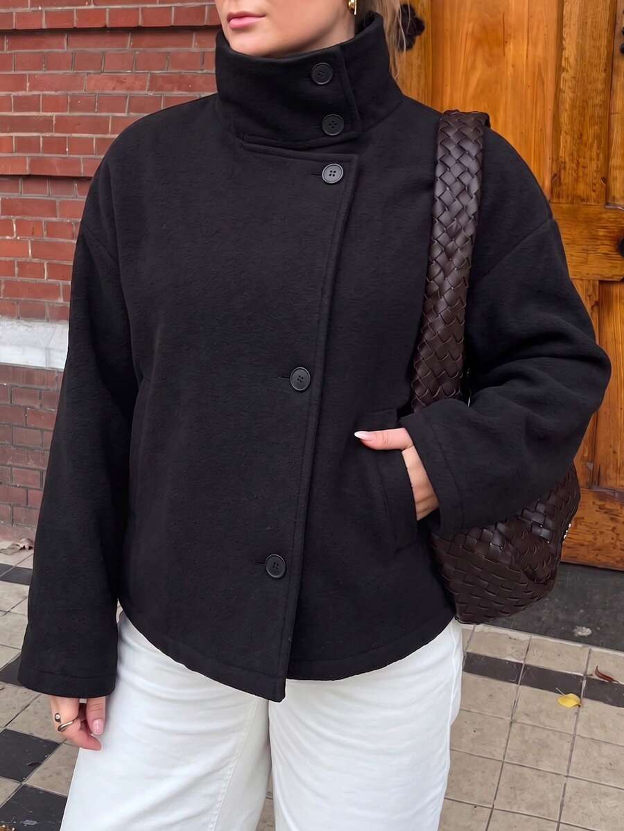 GalTyme Mantel Kasual Lengan Panjang Warna Polos Ukuran Besar untuk Wanita, Musim Gugur/Dingin - Hitam - View 1