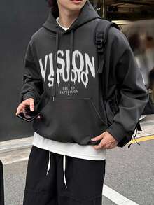 DAZY Autumn/Winter Thermal Lined Dark Gray & White Letter Print Loose Fit Cropped Hoodie For Men - Dark Grey - View 8