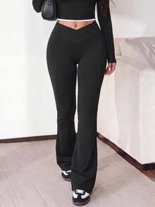 SHEIN Core Rhythm Seamless Yoga Flare Leggings - Black - View 9