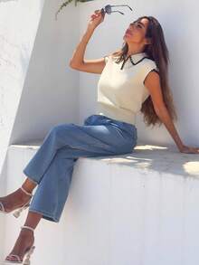Alya Khalil Women High Waisted Wide Leg Jeans, Blue ,Petite Women Casual Fall - Light Wash - View 5