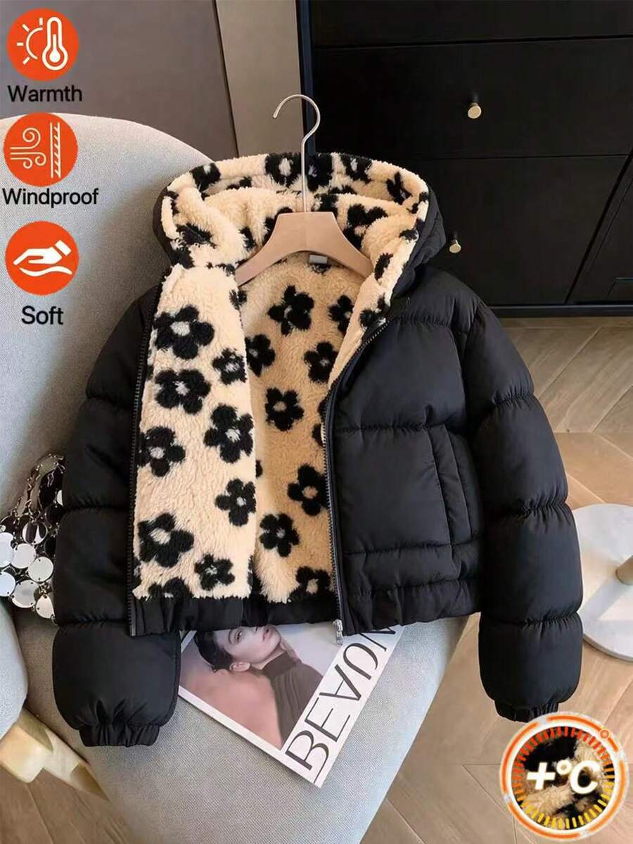SHEIN Tween女孩黑色加厚連帽外套，休閒端莊版型，保暖秋冬款，拉鍊開合，寬鬆加厚，街頭風可愛上學外出外套 - 彩色 - 查看 1