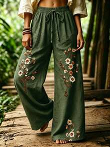 Selamara 波希米亞 Boho 風格綠色花卉雛菊仿刺繡長褲，秋季復古田園高腰鬆緊腰寬鬆垂墜寬腿褲，野餐穿搭 - 彩色 - 查看 4