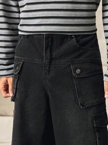 Norleigh Men's Pocketed Button Casual Cargo Capri Wide Leg Jeans, Versatile For Commuting And Outings - Black - View 5