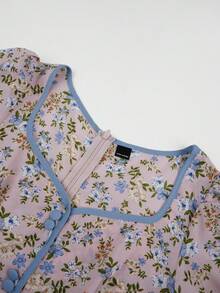 Mulvari 女士泡泡袖碎花连衣裙，撞色滚边，长款女式晚礼服 - 粉色 - 查看 9