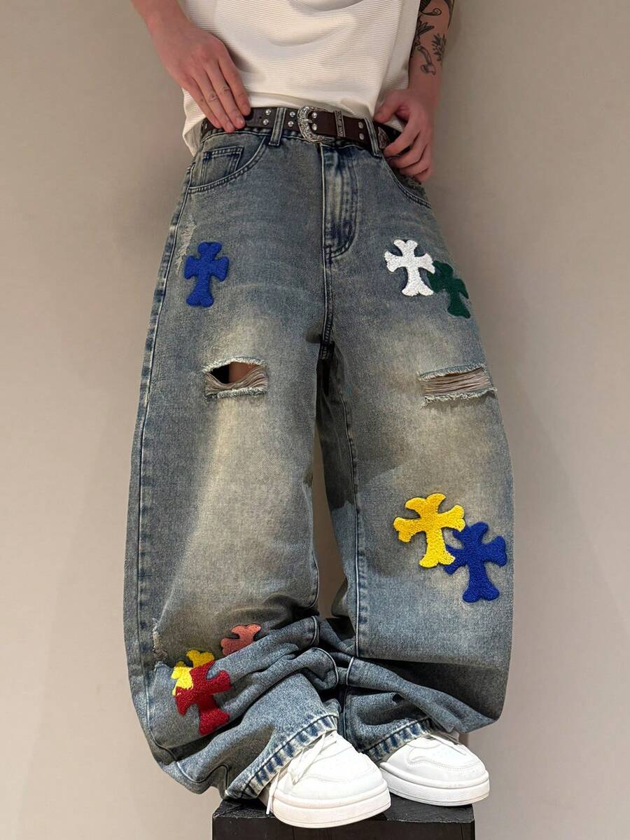 STEELVANCE 街頭風復古時尚百搭水洗貓鬚破洞毛邊刺繡設計寬鬆直筒寬腿休閒牛仔褲(不含腰帶與配件) - 藍色 - 查看 1