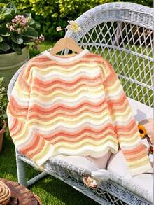 SHEIN Genkimix Kids Suéter ligero y lindo con patrón de ondas degradadas para niñas - Multicolor - Ver 1
