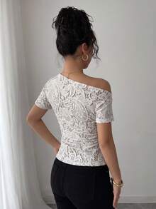 Selianne Summer Elegant Faux Lace Print Asymmetric Collar T-Shirt - Apricot - View 2