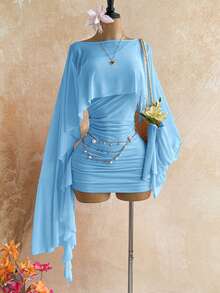 Soleia Women's Sexy Asymmetrical Shoulder Ruched Ruffle Dress With Asymmetrical Mesh Top 2 Pieces Set For Vacation - Blue - View 6