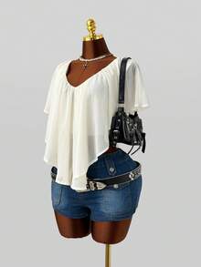 Sunspun American Street Style Sexy Pure Desire Round Neck Pullover Ruched Ruffle Asymmetrical Slightly Sheer Sleeveless Plus Size Blouse For Women - Apricot - View 5