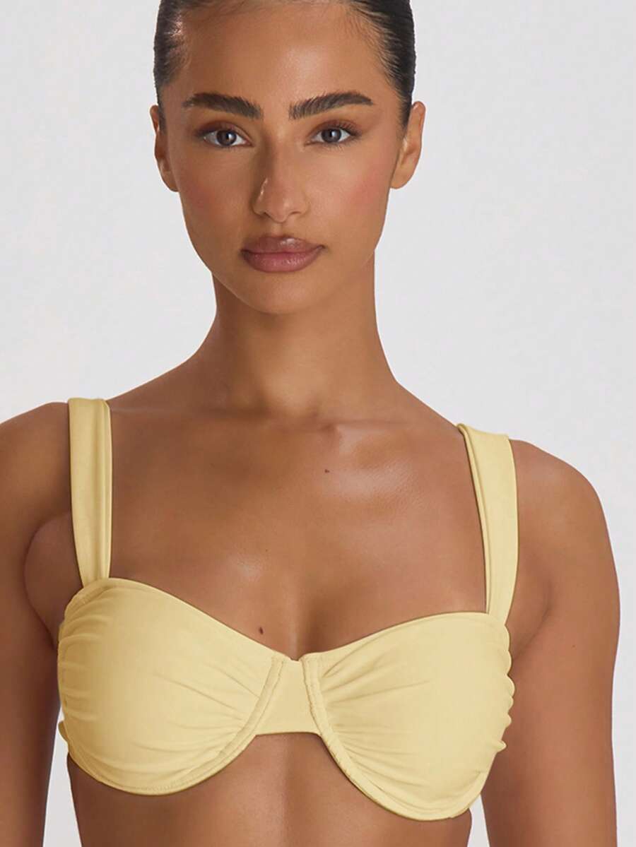 Musera Resort Underwire Thick Shoulder Ruched Cup Bikini Top Swim Vacation Holiday Summer Travel Beachwear Basics Solid Colour Swimwear Resort Core - Yellow - View 1