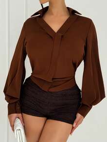 Shopreo Women's Solid Color V-Neck Lantern Sleeve Versatile Commuting Elegant Long Sleeve Blouse - Coffee Brown - View 5