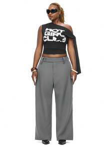 SHEIN EZwear Plus Size Stylish Office/Commute Bell Bottom Grey Pants,Fall Clothes For Women - Grey - View 2