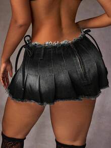 Jeanoix Plus Size Women's Pleated Raw Hem Casual Daily Denim Mini Skirt - Black - View 2