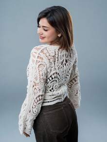 SARA VAULT Vacation Casual Hollow Out Crochet Cardigan In Fall/Winter - Apricot - View 2