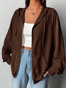 SHEIN EZwear Zip Up Raglan Sleeve Drawstring Hoodie,Long Sleeve Tops In Fall/Winter - Brown - View 1