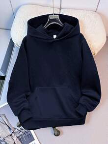 SHEIN 青少年男孩休閒寬鬆舒適百搭純色運動衫 秋冬衣物 - 藏蓝色 - 查看 3