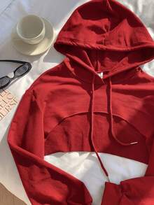 SHEIN EZwear 抽繩設計超短版女款運動衫上衣，黑白配色，秋冬紅色長袖 - 紅色 - 查看 7