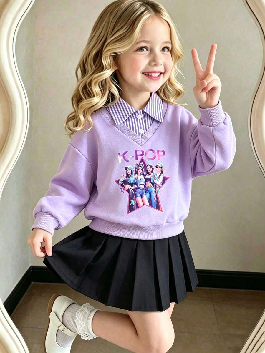 Elladie kids Girls 2 Piece Set Patterned Shirt Collar Long Sleeve Sweatshirt With Black Pleated Skirt Cute Lazy Sweet Minimalist Casual Versatile Outfit For Spring