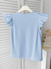 SHEIN 青少年女孩夏季休閒鏤空刺繡拼接襯衫 - 藍色 - 查看 2