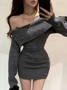 Dazy Tall Women's Off-Shoulder Off-Shoulder Long Sleeve Elegant Short Sweater Dress - Dark Grey - View 7