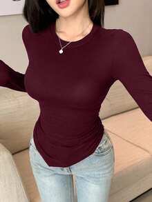 DAZY 女款修身圓領長袖不對稱下擺棉質T恤 酒紅色 秋季休閒夜出門穿搭 - 酒紅色 - 查看 7