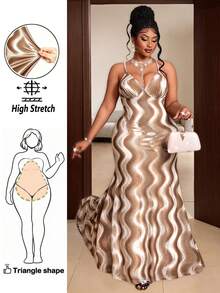 Maweii Women's Plus Size Elegant Khaki Knitted High Elastic Velvet Fabric Wavy Jacquard Spaghetti Strap V-Neck Bodycon Bodycon Mermaid Dress Basic Versatile Dress Elegant Dress Women's Plus Size New Style Party Gathering Night Date Fashion Item Versatile Long Spaghetti Strap Dress - Khaki - View 3
