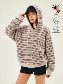 SHEIN BASICS 女款休閒條紋連帽衛衣，秋季 - 彩色 - 查看 4